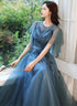 Teal Blue Tulle A-line Long Prom Dress with Lace, Long Formal Dress