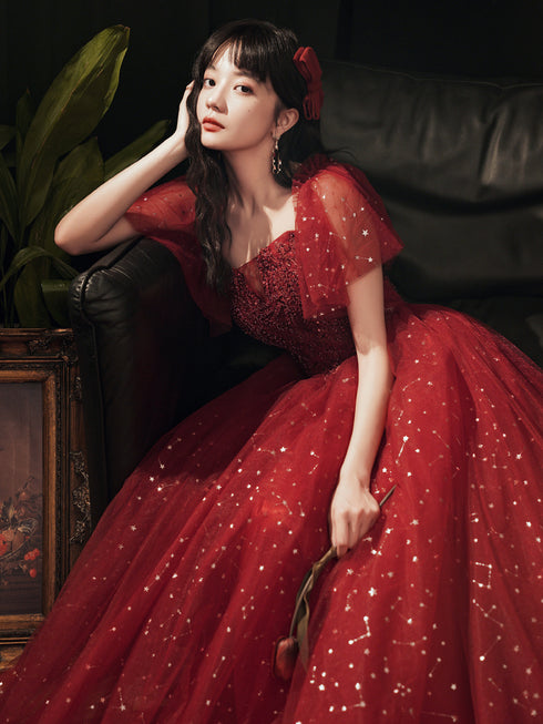 Wine Red Short Sleeves Tulle with Lace Long Party Dress, Wine Red Prom Dress