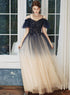 Navy Blue Straps Gradient Tulle Long A-line Prom Dress, Blue Evening Party Dress