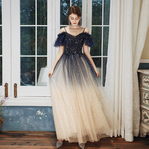 Navy Blue Straps Gradient Tulle Long A-line Prom Dress, Blue Evening Party Dress