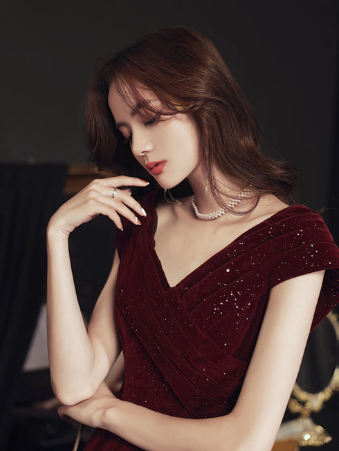 Wine Red V-neckline Velvet Long Party Dress, Floor Length Prom Dress