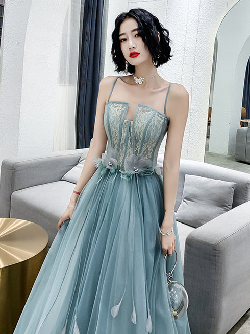 A-line Tulle Straps Long Blue Floor Length Party Dress, Blue Evening Dress Prom Dress