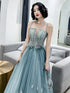A-line Tulle Straps Long Blue Floor Length Party Dress, Blue Evening Dress Prom Dress