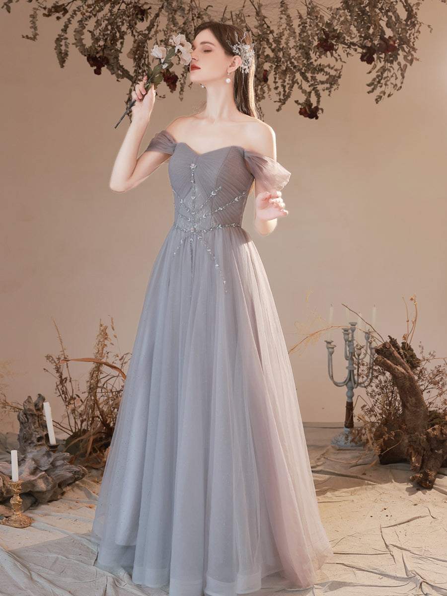 Sliver Grey Tulle Beaded Off Shoulder Party Dress, A-line Sliver Tulle Long Evening Dress Prom Dress main image 1