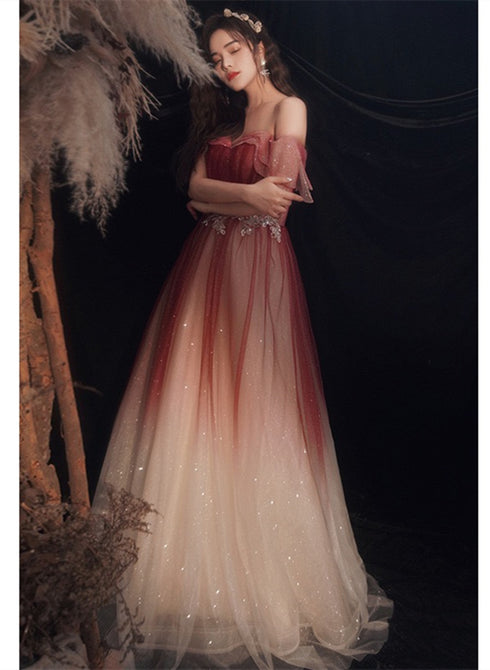 Lovely Off Shoulder Gradient Long Formal Dress, Shiny Tulle Red Party Dress