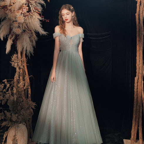 Off Shoulder Sweetheart Tulle Shiny Tulle Long Formal Dress, Floor Length Party Dresses