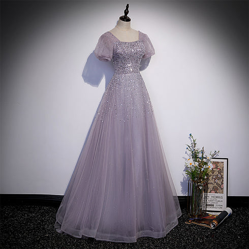 Beautiful Light Purple Sequins Short Sleeves Party Dress, Purple Formal Dresses