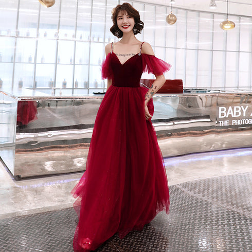 Charming Wine Red Straps Long Evening Party Dresses, A-line Straps Prom Dresses