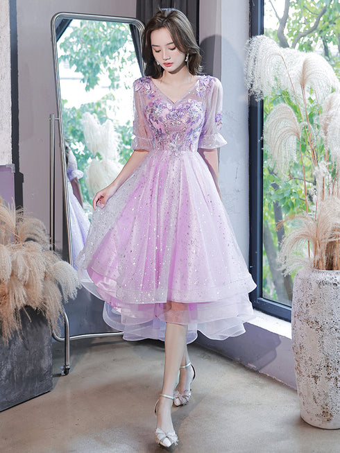 Lovely Light Purple High Low Tulle with Lace Party Dress, Short Sleeves Homecoming Dresses