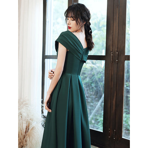Green Off Shoulder Knee Length Bridesmaid Dress, Dark Green Short Party Dress Formal Dress