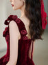 Wine Red Velvet Straps Flowers Lace-up Long Prom Dress, Wine Red Long Party Dress