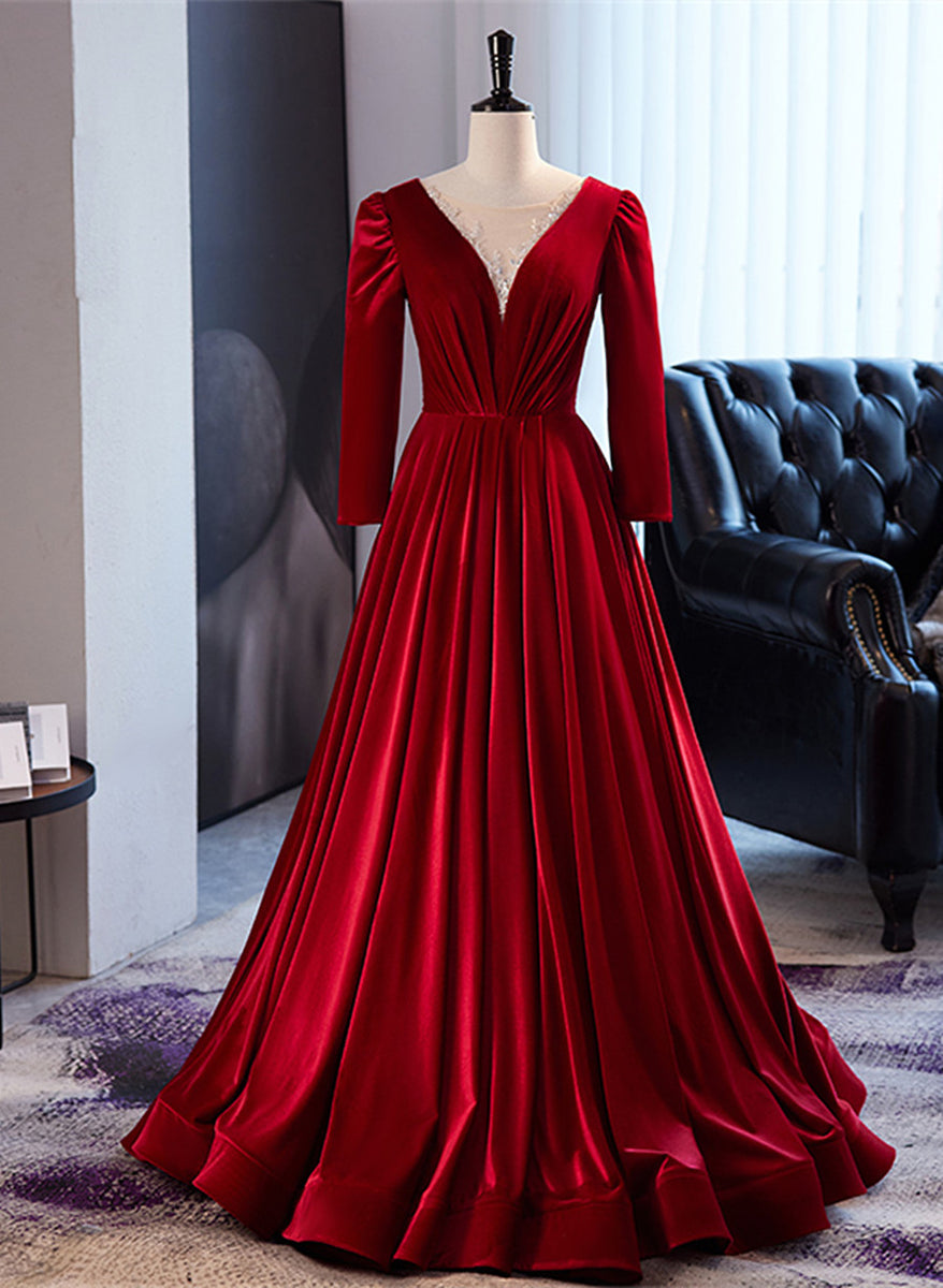 Plus Size Velvet Long Sleeve Evening Dress Red / 26 Plus Size Velvet Long Sleeve Evening Dress Red / 26