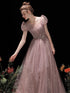 Pink Tulle Short Sleeves A-line Floor Length Formal Dress, Pink Cute Long Prom Dress