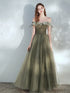 Green Off Shoulder Tulle Long Junior Prom Dress, Green Floor Length Party Dress
