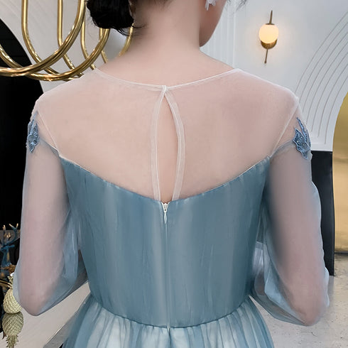 Blue Long Sleeves Tulle Party Dress with Lace Applique, Blue Evening Dress Prom Dresses