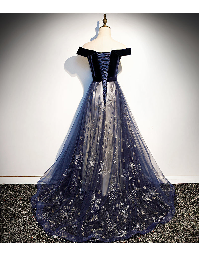 open lace back dress Blue Starry Tulle Prom Dress with Illusion Shoulder main image 0