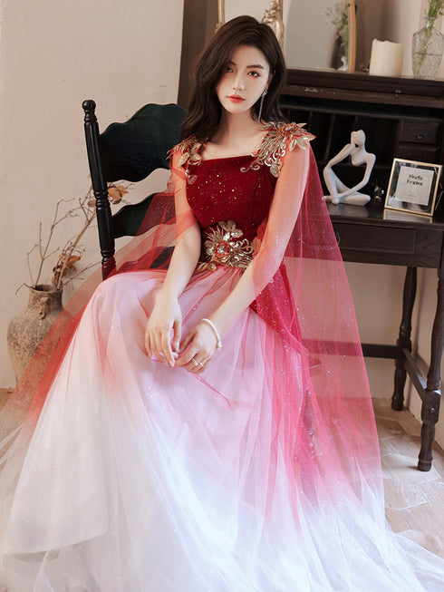 Red Gradient Tulle with Flowers Long Wedding Party Dress, Red Formal Dress