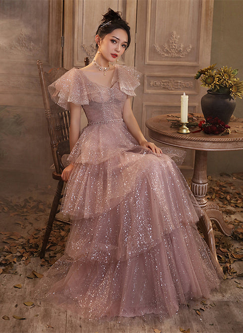 Dark Pink Shiny Tulle Short Sleeves Party Dress, Beaded Pink Tulle Prom Dress
