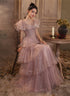 Dark Pink Shiny Tulle Short Sleeves Party Dress, Beaded Pink Tulle Prom Dress