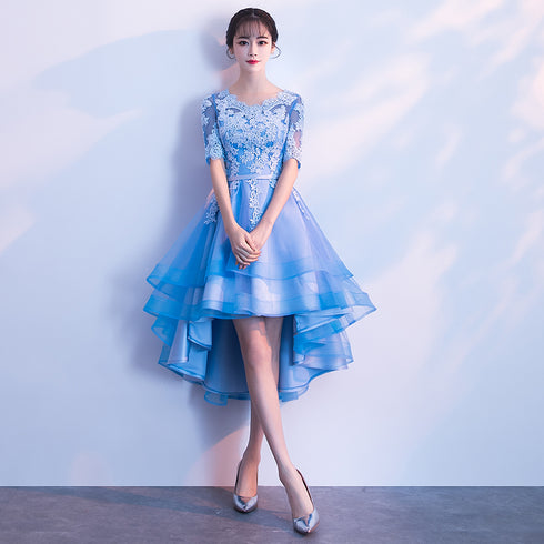 Blue High Low Tulle Party Dress , Cute Tulle Formal Dress with Lace Applique