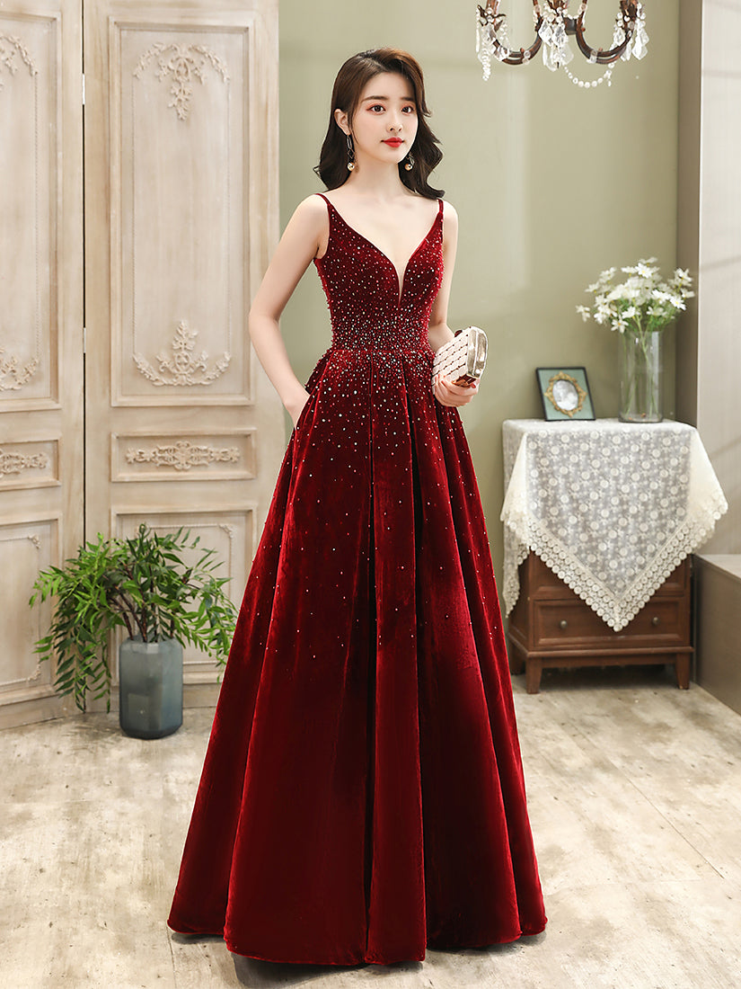 Wine Red Velvet Straps Long Evening Dress, Floor Length Prom Dress, Pa