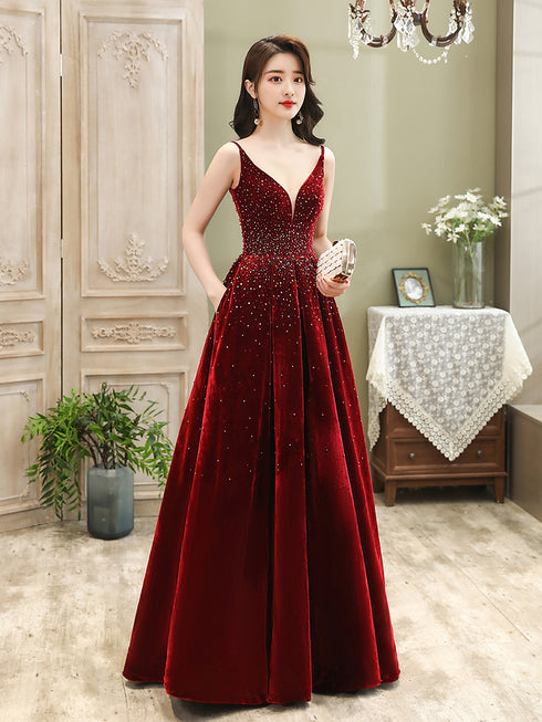 Wine Red Velvet Straps Long Evening Dress, Floor Length Prom Dress, Paty Dress