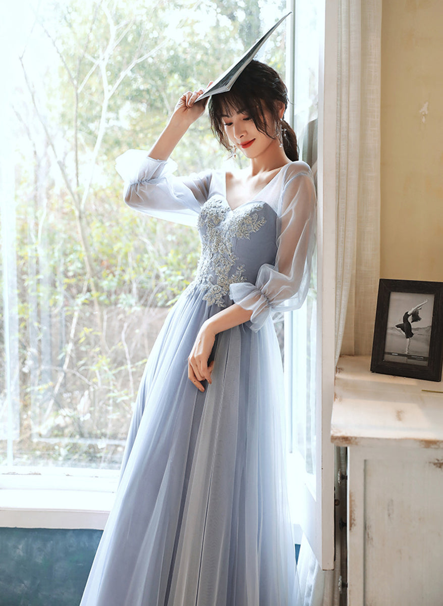 Light Blue Tulle Long Party Dress with Puffy Sleeves, Blue Evening Dress Prom Dress US size 16 / Blue