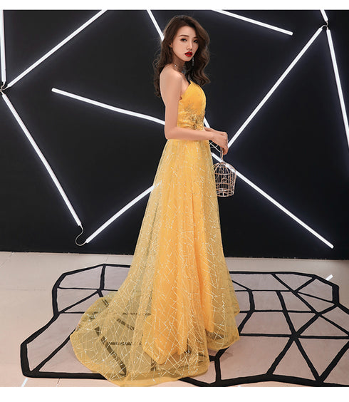Unique Yellow Tulle Style Beaded Flowers Formal Gown, Yellow Long Prom Dress Party Dress