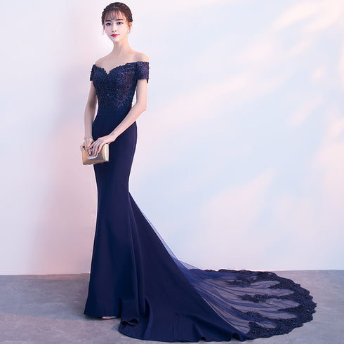 Beautiful Navy Blue Mermaid Lace Long Party Dress, Off Shoulder Evening Dress
