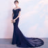 Beautiful Navy Blue Mermaid Lace Long Party Dress, Off Shoulder Evening Dress