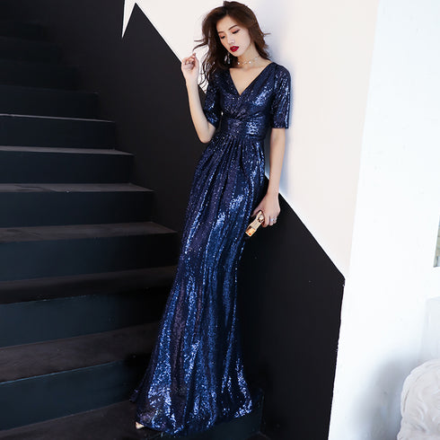 Blue Sequins Short Sleeves A-line Long Bridesmaid Dresses, Sequins Evening Dress Party Dress