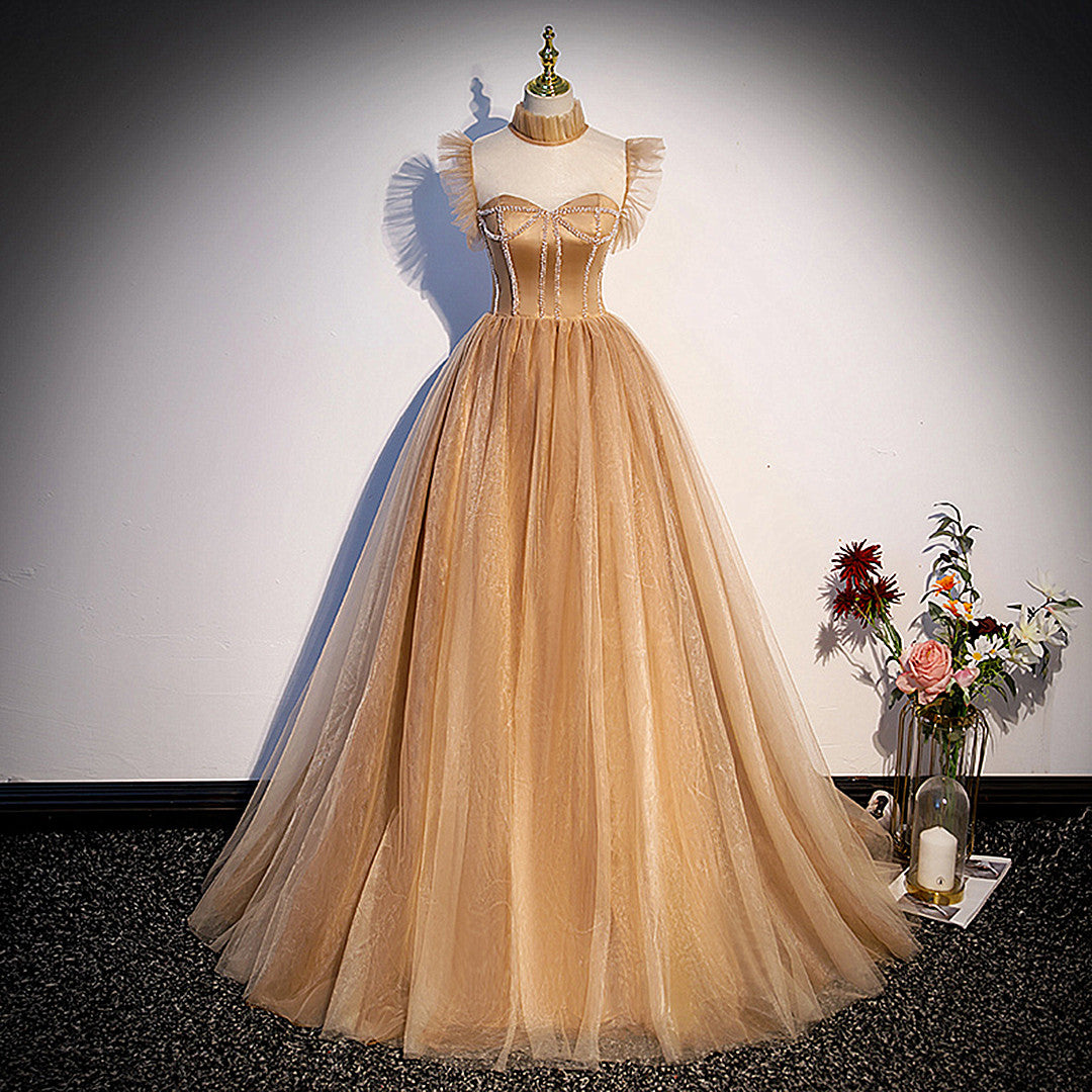 Light Champagne Tulle Lace Long Sweet 16 Dress Quincenera Dress,DP1623 main image 1