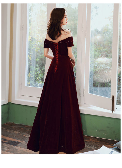 Wine Red Velvet Long A-line Bridesmaid Dress, Wine Red Prom Dresses