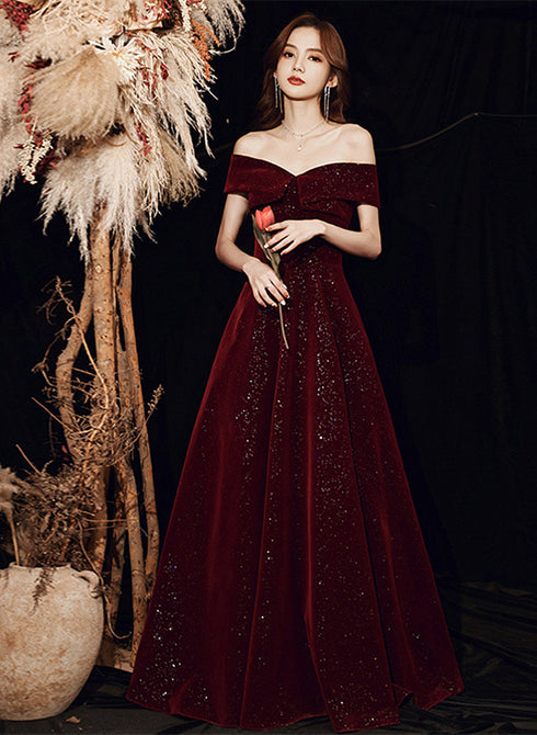 Wine Red off Shoulder Prom Dress, Long Elegant Bridal Gown Sparkly Velvet Party Dress