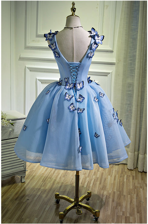 Cute Blue V-neckline Tulle Party Dress, Homecoming Dresses with Applique