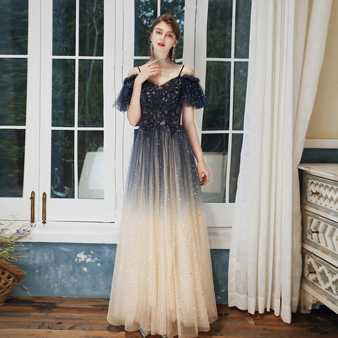 Navy Blue Straps Gradient Tulle Long A-line Prom Dress, Blue Evening Party Dress