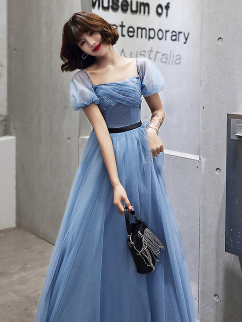 Blue Tulle Short Sleeves Long Party Dress, A-line Blue Prom Formal Dress