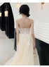 Ivory Organza Straps Lace Long A-line Junior Prom Dress, Beautiful Long Party Dresses