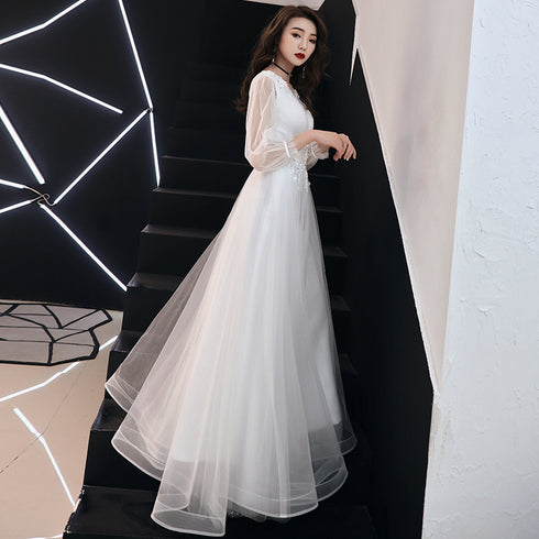 White Long Sleeves Tulle Simple Wedding Party Dress with Lace, A-line Formal Dress