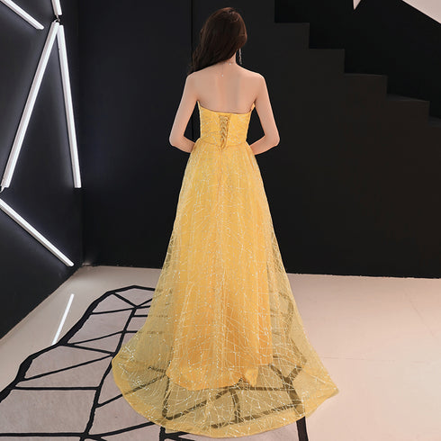 Unique Yellow Tulle Style Beaded Flowers Formal Gown, Yellow Long Prom Dress Party Dress