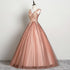 Beautiful V-neckline Tulle Ball Gown Pink Sweet 16 Dresses, Ball Gown Lace Applique Quinceanera Dress