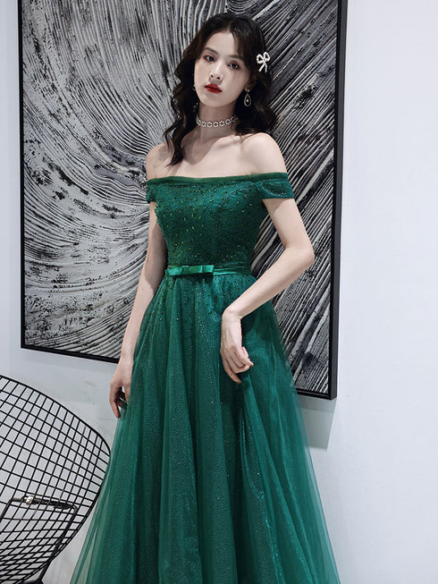 Dark Green Tulle Beaded Off Shoulder Long Party Dresses, A-line Long Evening Dresses