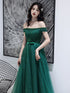 Dark Green Tulle Beaded Off Shoulder Long Party Dresses, A-line Long Evening Dresses