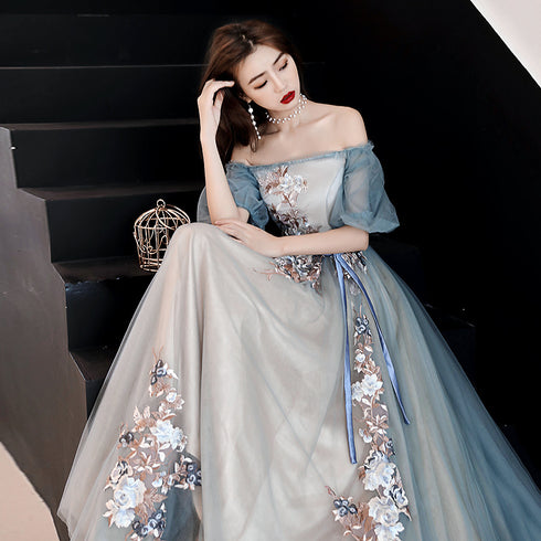 Charming Off Shoulder Tulle long Party Dress, Floral Applique Party Dress