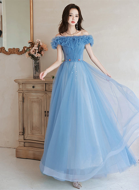 Blue Off Shoulder Beaded A-line Floor Length Party Dress, Blue Evening Gown