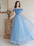 Blue Off Shoulder Beaded A-line Floor Length Party Dress, Blue Evening Gown