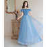 Blue Off Shoulder Beaded A-line Floor Length Party Dress, Blue Evening Gown