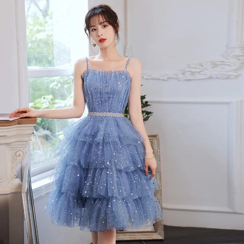 Cute Blue Layers Shiny Tulle Short Sleeves Party Dress, Blue Homecoming Dresses