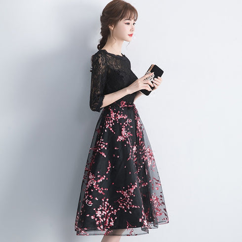Lovely Black Lace Short Sleeves Floral Tulle Party Dress, Black Party Dress Prom Dress