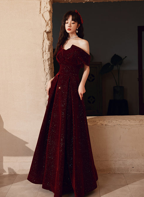 Wine Red Velvet Floor Length Party Dress, A-line Formal Dress Wine Red Prom Dress